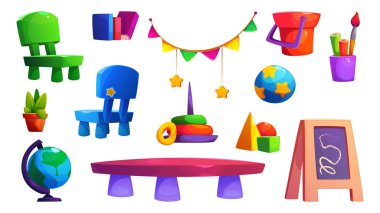 Kreş ve kreş odası mobilya seti. Çocuklar için illüstrasyon tasarımı sınıfı. Şirin eğitim ve eğlence amaçlı bebek kapalı mekanda montessori ev aktivitesi. İç mekanda kreş