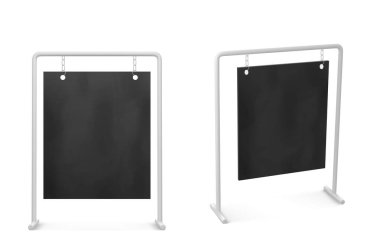 Asma menü ya da ilan siyah tebeşir tabela modeli. Kaldırımlar için gerçekçi 3d vektör illüstrasyon seti. Cafe ve restoran tabelası için açık afiş çerçevesi şablonu.