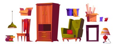 Eski dağınık oturma odası iç mobilya ve ekipmanlar. Lekeli koltuk ve lamba, ahşap dolap ve sandalye, içinde eşyalar olan kutular ve çöp bardağı olan çizgi film vektör çizimi..