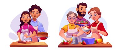Aile yemeği. Genç çift pasta hazırlıyor ve baba, anne ve oğul çilekli tatlı yapıyor. Çizgi film vektör illüstrasyon seti önlüklü insanlar kahvaltı ya da akşam yemeği için şekerleme pişirme