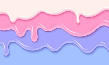 Three layers of pastel colored candy or ice cream drip. Realistic 3d vector illustration of sweet dessert border with melted flowing icing. White, pink and blue liquid glaze and delicious frosting. clipart