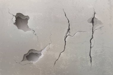 Beton duvar dokusu zedelenmiş. Soyut kara çatlağın, çimento yüzeyindeki deliklerin, deprem üstüne toprak çatlaklarının, iç dekorasyon elementlerinin, taş inşaatın harap oluşunun gerçekçi bir temsili.
