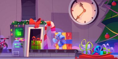 Noel Baba fabrikası hediye kutularını paketliyor otomatik taşıma bandı ve hediye dolu çanta, süslü ağaç ve saat üretiyor. Çizgi film vektörü xmas tatil atölyesi.