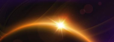 Parlak turuncu parıltılı gezegen ufku. Soyut gün doğumu ya da gün batımı ışığında dış uzaydan gelen gerçekçi vektör çizimi. Astronomi ışık efektiyle karanlık kozmos yıldızlı arka plan.