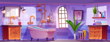 Modern banyo iç tasarımı. Döşeme odası, banyo, banyo, lavabo ve ayna, vücut bakımı kozmetik şişeleri, havlular, ahşap raftaki yeşil bitki, penceredeki gün ışığı