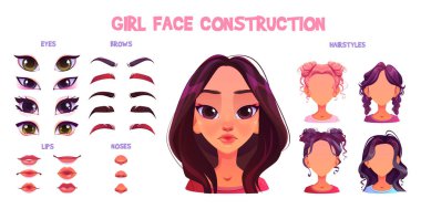 Farklı saç kesimleri, dudakları, burunları, gözleri ve kaşları olan bir kız. Genç beyaz kadın avatar yaratma kitinin çizgi film vektör çizimi. Şirin kadın baş yapıcı..