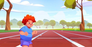 Çocuk güneşli bir günde parkta ya da stadyumda koşuyor. Çocukların spor aktiviteleri ve fitness eğitiminin çizgi film vektör illüstrasyonu. Yakışıklı erkek karakter koşuyor ya da yürüyor..