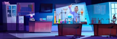 Erkek doktor, bilim adamı ya da okulda ya da üniversite sınıfında kimyevi cam deney tüpleri ve deney tüpleriyle masanın yanında duruyor. Çizgi film vektör erkek araştırmacısı..