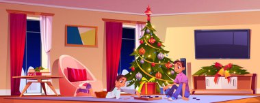 İki genç çocuk modern konforlu oturma odasında yerde satranç oynuyor. Noel ağacı, yeni yıl dekorasyonu, hediye kutuları. Çizgi film vektörü genç kız ve oğlan Noel arifesinde birlikte vakit geçiriyorlar..