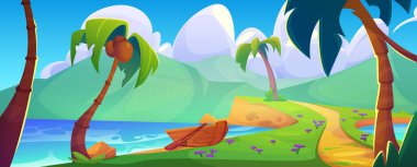 Palmiye ağaçlarında hindistan cevizi, deniz veya okyanus kıyısında patika, sahilde tekne, sakin mavi su, dağlar ve bulutlu güneşli gökyüzü olan tropik lagün manzarası. Çizgi film yaz vektör cenneti manzarası.