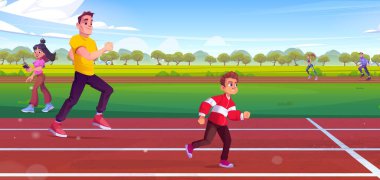 Farklı yaşlarda insanlar yaz günü stadyumda koşu pistinde koşuyorlar. Çizgi filmdeki vektör erkekler, kadınlar ve spor giyim sporu sporu yapan çocuk sporcular spor yapıyor. Spor aktivitesi ve sağlıklı yaşam tarzı.