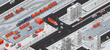 Şehirdeki Isometric taşıma sistemi. Demiryolu, kamyon, araba, otobüs, traktör kentsel yollarda, modern yüksek binalarda, mal ihracatı ve ithalatı için nakliye lojistiği