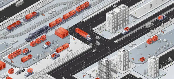 Şehirdeki Isometric taşıma sistemi. Demiryolu, kamyon, araba, otobüs, traktör kentsel yollarda, modern yüksek binalarda, mal ihracatı ve ithalatı için nakliye lojistiği