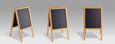 Mönü ya da reklam için 3 boyutlu pano. Kafe ve restoran bilgilendirme mesajı için ahşap çerçeveli boş siyah karatahtanın farklı açıları var. Sandviç afişinin gerçekçi vektör kümesi