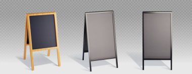 Karatahta şeffaf arkaplanda izole bir şekilde duruyor. Ahşap ve plastik reklam panolarının gerçekçi temsili ön görünüm, boş yüzey ile menü gösterimleri, tanıtım panosu tasarımı