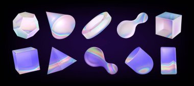 Üç boyutlu cam geometrik nesneler siyah arka planda izole edildi. Yanardöner, soyut elmas, küp, koni, piramit şekilli, şeffaf, yanardöner yüzeyli elementlerin gerçekçi temsili