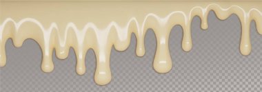 Şeffaf arkaplanda izole edilmiş bej sıvı madde. Eriyen vanilyalı dondurmanın gerçekçi bir temsili, tatlı üzerine akan konsantre süt, 3 boyutlu boya sıçraması, tatlı krema damlaları.