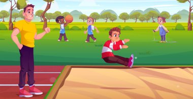 Baba destekçisi oğul uzun atlama yapıyor. Vector çizgi filmi, mutlu baba çizimi spor antrenmanı sırasında aktif çocuk olmaktan gurur duyuyor, aile birlikte dışarıda eğleniyor, çocuklar yaz parkında oynuyor.