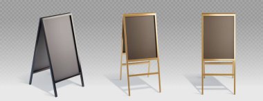 Cafe ve restoran menüsü için 3 boyutlu pano. Dükkan tanıtım mesajı için metal çerçeveli boş siyah sandviç karatahtasında farklı açılar. Gerçekçi vektör seti stand flaması.