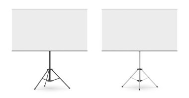 Sunum için beyaz tahtası olan siyah metalik tripod. Metal büküm tablosunun iş ve eğitim semineri için gerçekçi 3D vektör modeli. Boş taşınabilir projektör ekranının şablonu.