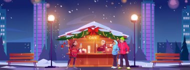 Sokak vektör arka planında kış kafesi binası. Kahve ve insan karakterli bir gece parkı dükkanı. Noel 'de şehir dışında yağan karlarla dekore edilmiş bir dükkan. Yerel bardaki kız.