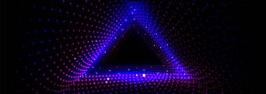 Siyah arkaplanda üçgen neon nokta tüneli. Gelecekteki kırmızı ve mavi ışık portalının vektör gerçekçi çizimi, soyut zaman yolculuğu alanı, gelecekteki teknoloji ağı, fantezi geometrik çerçeve