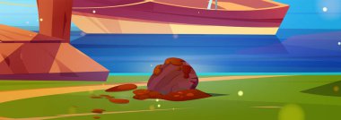 Nehir kıyısı çizgi filmi. Deniz manzarası arka planında kaya. Göl sahili manzarası. Yaz nehir kenarı ve Amazon doğa tasarımı. Taş ve ahşap iskele manzaralı soyut oyun sahası çizimi