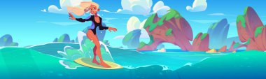 Mavi berrak suları, kayalık adaları ve bulutlu güneşli gökyüzü olan tropikal lagünde mayo giyen genç bir kadın. Çizgi film kadın sörfçü karakteri. Okyanus aşırı spor