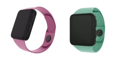 Beyaz arkaplanda 3 boyutlu akıllı programlar ayarlandı. Pembe ve yeşil bantlı akıllı kol saatinin vektör gerçekçi çizimi, boş siyah ekran modeli, modern elektronik cihaz, takılabilir cihaz.