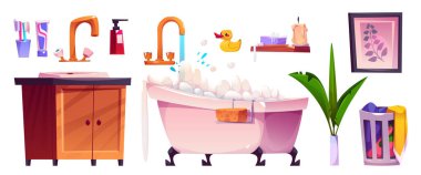 Lavabo ve mobilya çizimleriyle dolu bir banyo. Hoş ev banyosu seti ve kişisel temizlik malzemeleri. İzole edilmiş, temiz vücut parçası ve temiz, klasik bir otelde ördek.