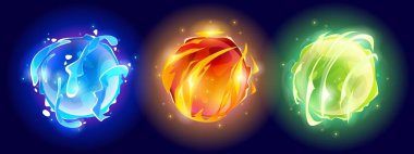 Maç için sihirli neon parıltı topu. Fantezi enerji küresinin çizgi film vektör kümesi. Mavi, turuncu ve yeşil ışık efektli ateş topu. Büyücü ya da gelecek yıldırım gücü plazma küresi.