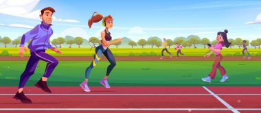 Erkek ve kadın park vektöründe stadyum pistinde koşuyor. Koşucu yarışması için spor maratonu çizgisi. Yarış pistinde çizgi film eğitimi alan insanlar. Açık havada olimpik sprint yarışması illüstrasyonu
