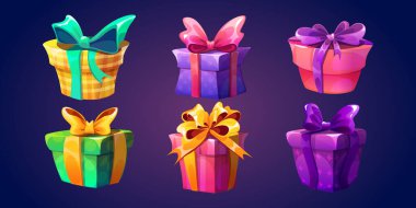 Doğum günü, Noel ve oyun için renkli ambalajlı, kurdeleli ve fiyonklu çizgi film hediye kutuları. Kapalı kare ve yuvarlak sürpriz ve içinde yeşil, sarı, pembe ve mor süslemeler olan hediye paketleri.