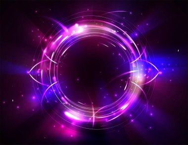 Oyunun tasarımı için ışık enerjili fütüristik daire portalı. Gerçekçi 3d vektör fantezi mor neon halka çerçeve parlak parıltı ve girdap hareketli. Uzay ve zaman ışınlaması.