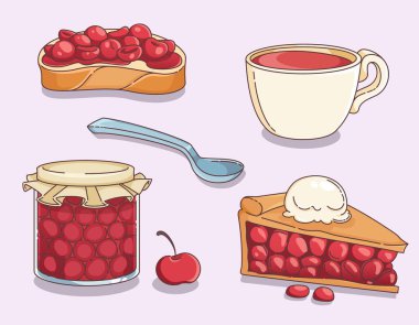 Kumaş kapaklı kiraz reçelini, taze böğürtlen, üç köşeli tatlı turta, marmelatlı ekmek tostundan sandviç, kahvaltıda bir fincan meyve suyu ya da çay ve kaşık..