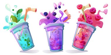 Beyaz arka planda izole edilmiş köpüklü çay seti. Nane, yabanmersini ve ahududu karışımlı serin boba içeceklerinin plastik bardak düşerken, kafe menü simgelerinin vektör çizimi