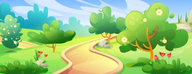 Yaz ya da bahar bahçesi ya da yeşil ağaçlar ve çalılar, çimenler ve çiçekler, güneşli bir günde taşlar ve patika yolu olan park manzarası. Çizgi film vektör kırsal orman manzarası yeşillik ve ormanla.