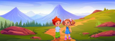 Kız ve erkek dağ manzaralı çizgi filmle yürüyor. Sevimli ve mutlu anaokulu çocukları arkadaşlığı panorama çiziyor. Yol, yeşil çimen, çocuk ve kahverengi taşlı güzel bir vadi..