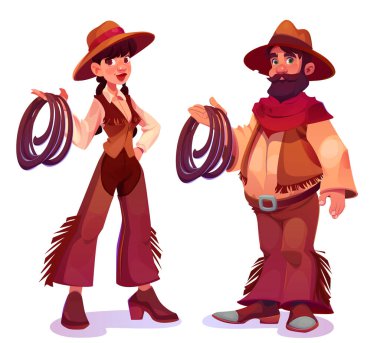 Cowboy and cowgirl character set isolated on white background. Vector cartoon illustration of young woman and bearded man in leather fringe pants and hats holding lasso rope in hands, wild west ranch clipart