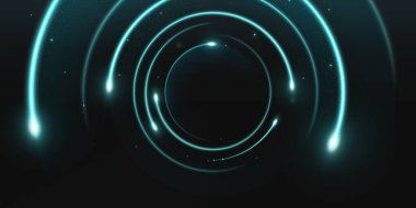 Siyah arka planda parlayan turkuaz halkalar. Neon ışık girdaplarının vektör gerçekçi çizimi ve karanlıkta parlayan parçacıklar, fütüristik uzay portalı tasarımı, sihirli enerji etkisi.