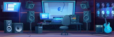 Masa ve monitörde mikser, ses kabininde mikrofon cam, hoparlör ve gitar olan bir müzik stüdyosu. Müzisyen ve DJ iş yerlerinin ekipmanlı karikatür vektör çizimi.