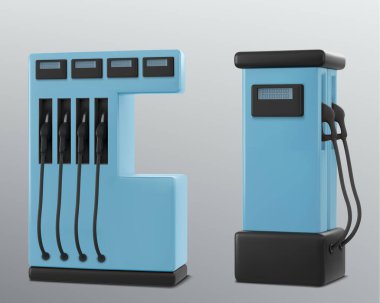 Benzin istasyonunda boru ve sapı var. Benzin pompası şarj hizmetinin gerçekçi 3D vektör çizimi. Otomobil güç yakıt deposu. Araba yakıtı işi dolduruyor.