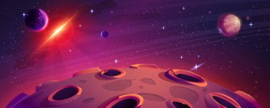 Uzay arka planına karşı Ay yüzeyi. Kraterlerle, gezegen küreleriyle, karanlık gökyüzünde parıldayan yıldızlarla, karanlıkta parlayan asteroidlerle, gizemli galaksilerle ilgili vektör karikatür çizimi