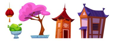 Çin şehir sokak tasarım unsurları beyaz arka planda izole edildi. Asya evlerinin vektör çizimi, geleneksel kırmızı kağıt fener, pembe sakura ağacı ve bahar manzarası için yeşil çalı.