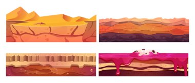 Oyun seviyesi ui tasarımı için yeraltı katmanlı zemin bölümü. Kesilmiş toprak platformunun çizgi film vektör kümesi. Kum ve kuru toprak, lav ve şeker diyarı yüzeyi. Pürüzsüz zemin düzeni.