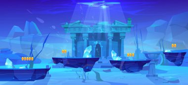 Antika tapınak ve oyun platformlarıyla sualtı manzarası. Deniz veya okyanus tabanının vektör çizimi, çatlak mermer sütunları olan antik saray, yüzen atari adalarında paralar, deniz yosunları