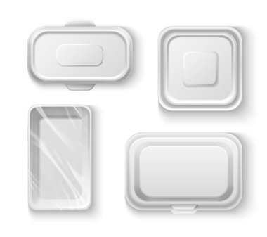 Beyaz plastik kap ve şeffaf folyo kaplı köpük tepsisi. Ürün depolama ve götürme konsepti için gerçekçi 3d vektör üst görünüm kutusu modeli. Öğle yemeği ve yemek için paket.