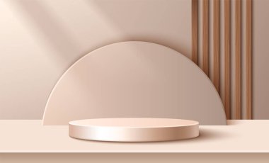 Bej arka planda tahta kalaslarla yuvarlak podyum. Pastel renk silindir modellemesinin gerçekçi temsili, doğal kozmetik sunumu için sergi odası iç mekanı, güneş ışığı efekti