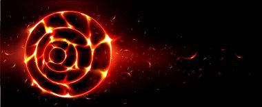 Soyut ateş çemberi siyah arka planda izole edildi. Alev kenarlı dairesel işaretin gerçekçi temsili, turuncu ışıltılar ve karanlıkta parlayan neon dumanı, sihirli enerji efekti, cehennem sembolü.