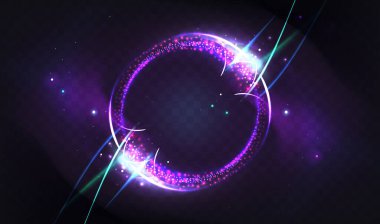 Neon ışık halkası şeffaf arkaplanda izole edildi. Soyut parlak çizginin vektör gerçekçi çizimi, parıldayan renk parçacıklarıyla parlayan daire, evet uzay oyunu için dairesel tasarım unsuru